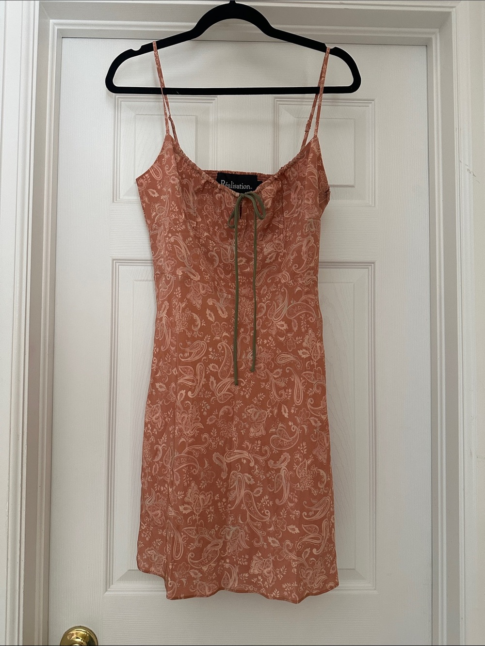 Reformation Coral Paisley Inez Slip Dress with Olive Tie